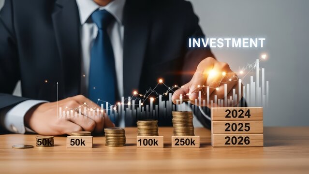 Businessman pointing at investment growth chart with coin stacks and future year blocks