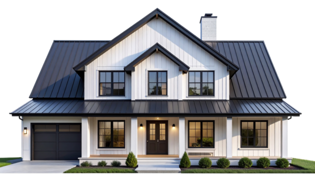  Farmhouse Front Elevation with White Siding and Dark Accents, Isolated on Transparent Background