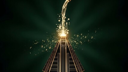 Golden liquid pouring onto a pyramid structure with sparks.