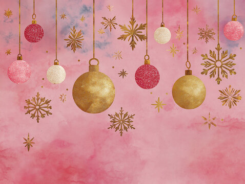 pink watercolor background with gold glitter snowflakes and christmas ornaments 