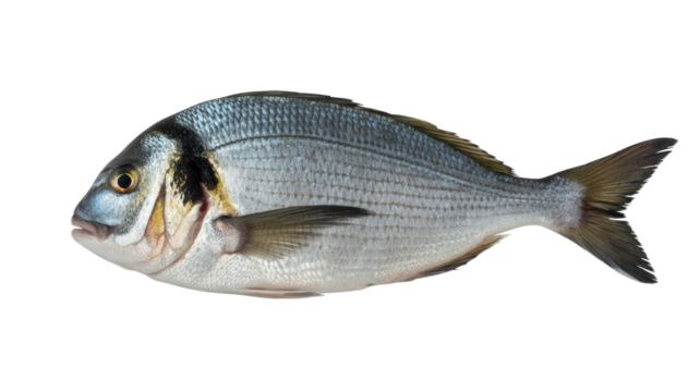 A fresh, whole silver-scaled fish, likely a sea bream, with a distinct dark mark behind its eye, isolated on a solid transparent background. background removed