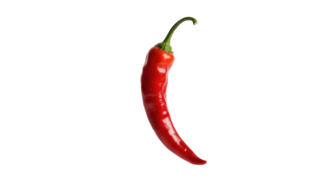 A vibrant red chili pepper with a green stem is isolated against a solid dark transparent background, ready for culinary use. background removed