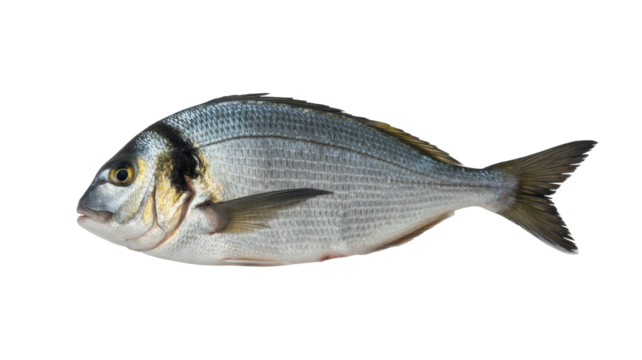 A fresh, whole gilt-head sea bream (dorada) fish, horizontally displayed on a solid transparent background, ready for cooking or market. background removed