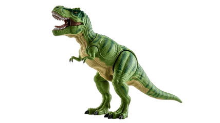 A vibrant green and tan Tyrannosaurus Rex toy stands dynamically with its mouth open, showcasing detailed texture against a solid dark transparent background. background removed