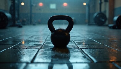 Kettlebell rests on gym floor. Workout equipment for exercise and fitness. Healthy lifestyle and power sport training. Weight and strength workout concept. Rainy day scene in gym indoors.