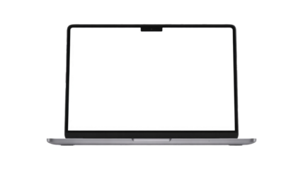 A modern laptop with a blank white screen and a camera notch, presented in a minimalist, front-facing view for showcasing digital content. background removed