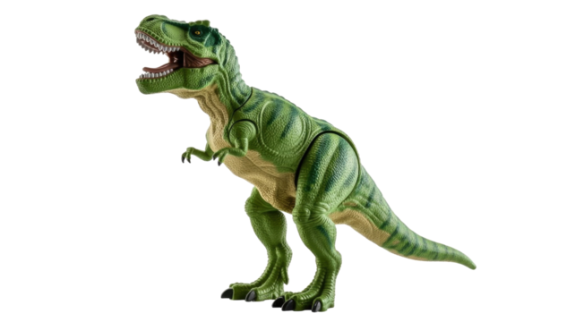 A vibrant green and tan Tyrannosaurus Rex toy stands dynamically with its mouth open, showcasing detailed texture against a solid dark transparent background. background removed