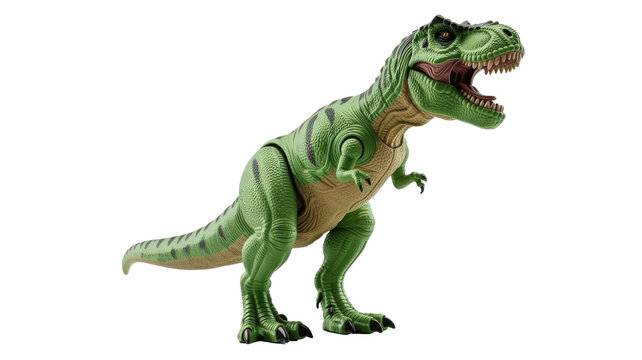 A detailed green and tan Tyrannosaurus Rex toy stands roaring, with sharp teeth visible, on a transparent background. background removed