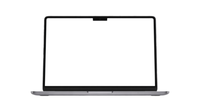 A modern laptop with a blank white screen and a camera notch, presented in a minimalist, front-facing view for showcasing digital content. background removed