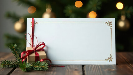 Mockup design of gift card or certificate decorated with red bow with empty place for text on the Christmas tree lights background. Invitation card. Business card with copy space. New year postcard.