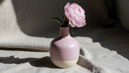 Single Pink Peony Flower in a Minimalist Pink and White Vase, Placed on a Textured Linen Cloth with Dramatic Sunlight and Shadow, symbolizing Calmness and Elegance