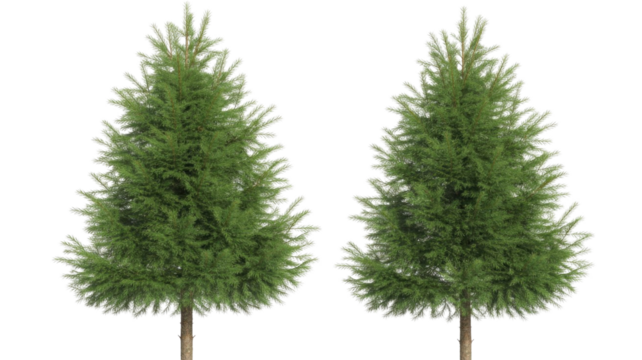 Two identical evergreen pine trees with lush green foliage and visible trunks, presented against a solid forest transparent background. background removed