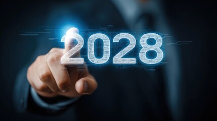 Businessman touching glowing 2028 on virtual screen, future technology concept.