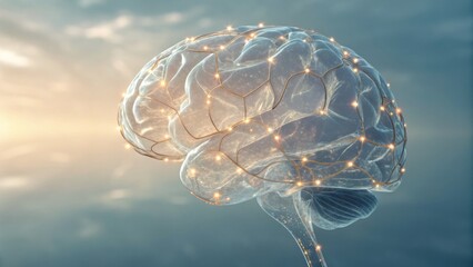 Human brain model with neural network connections against a cloudy sky
