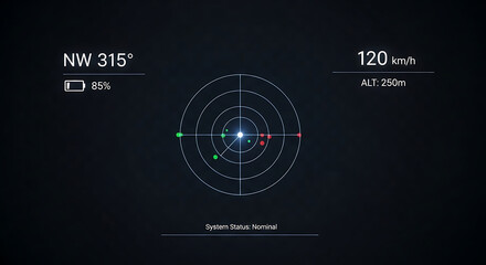 Radar system interface navigation speed altitude battery level direction status display screen