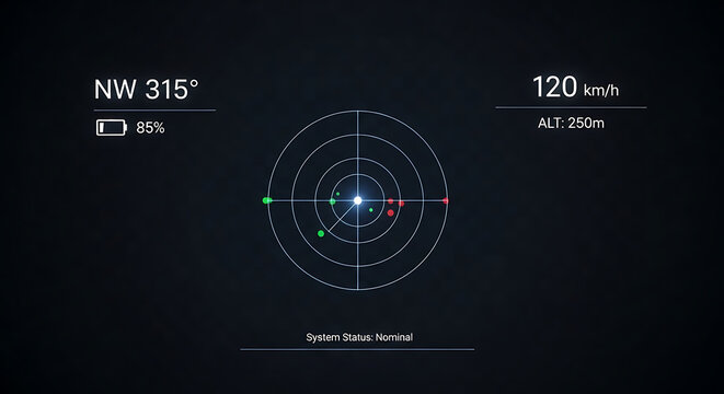 Radar system interface navigation speed altitude battery level direction status display screen