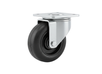 A Single Swivel Caster Wheel with a Black Rubber Tire and Metal Bracket Isolated on a Transparent Background Perfect for Industrial and Furniture Applications