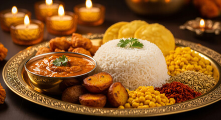 Assorted indian food set with candles. Festive background. Bowls and plates with different dishes of indian cuisine. Pongal with sambar and chutney. Motion animation See Less