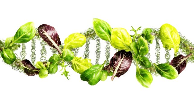 Fresh green and purple lettuce leaves intertwined with DNA helix structure, symbolizing nutritional genomics and connection between diet and genetics in vibrant composition
