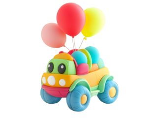 Colorful toy car with balloons attached on a black background