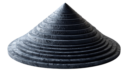 Dark gray, textured, conical object. Concentric rings, slightly irregular, form a tapered shape isolated on solid white background2