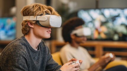 Friends exploring virtual worlds with VR headsets creating immersive gaming experiences together at home, enjoying modern technology and digital entertainment