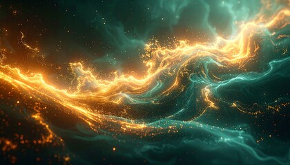 An abstract depiction of swirling celestial energies, with vibrant orange-gold and teal-green streams interacting within the darkness