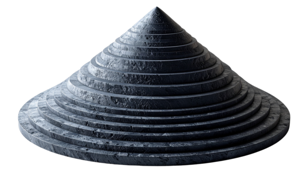 Dark gray, textured, conical object. Concentric rings, slightly irregular, form a tapered shape isolated on solid white background2