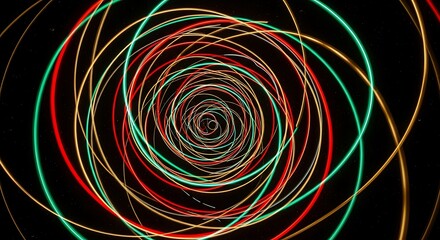 Abstract swirling light trails against a dark background creating a mesmerizing visual effect with colorful glowing curves perfect for modern design and creative projects