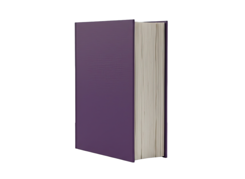 A solitary purple hardcover book stands closed on a transparent background showcasing its textured cover and aged cream-colored pages viewed from the side with a slight angle