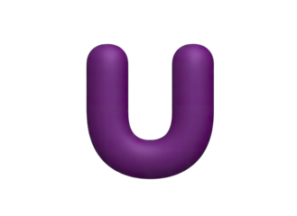 A stylized 3D purple letter U with rounded edges and a smooth glossy finish isolated on a transparent background, representing the alphabet and graphic design elements