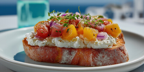 Toasted bread topped with creamy ricotta and vibrant heirloom tomato medley.