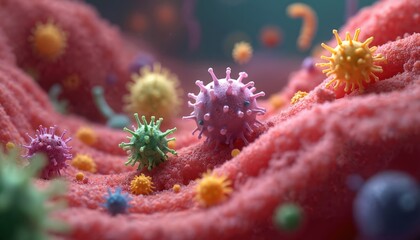 Obraz premium Illustration shows intestinal microbiome. Colorful microorganisms like bacteria virus on red intestinal wall. Microbiota affects human health. Concept of probiotic nutrition, healthy digestion,