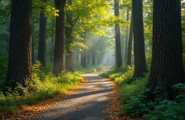 Fototapeta premium Asphalt road in green forest with sunlight. Trees cast shadows. Woodland nature path for hiking and recreation. Road curve in sunny wood. Summer eco background for nature travel blog banner.