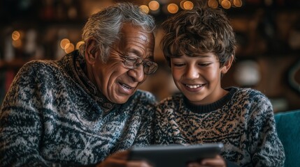 Grandfather and grandson sharing joy while using tablet, creating lasting memories together, a heartwarming moment of family connection and love