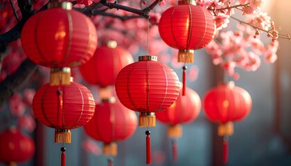 Red Chinese lanterns hanging from a tree with pink blossoms, celebrating the Lunar New Year.