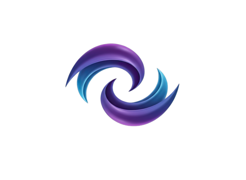 A stylized swirling symbol in shades of blue and purple with a dark background