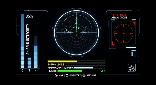 Hud interface game ui shield integrity energy levels ammo count aerial drone target lock screen