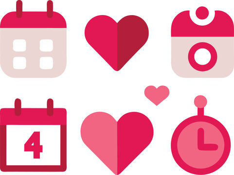Valentine calendar and heart icons bundle vector illustration for romantic dates and events