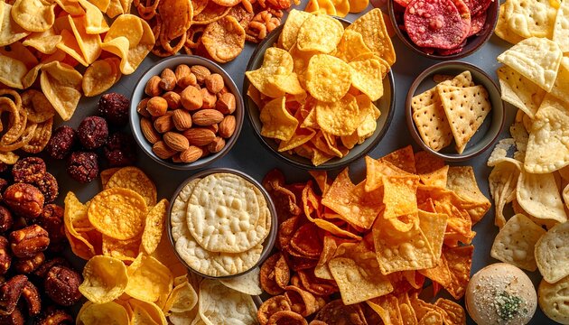 Assortment of Savory Snacks and Dips.
