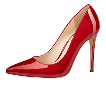 “Elegant high-heel shoe in glossy red, isolated on transparent background”