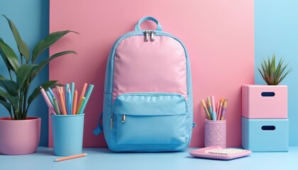 Pink and blue backpack with school supplies on desk. Stylish schoolbag near calculator. Creative bright education background for kids study. Back to school design element for web, article.
