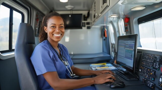 Smiling paramedic inputs data into computer inside ambulance, ensuring efficient patient care and communication on the move for critical situations