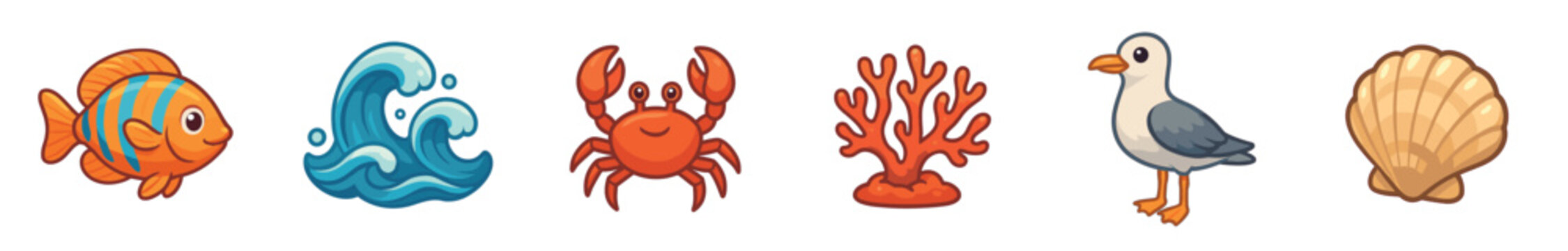 Collection of six cute cartoon sea icons featuring a tropical fish, ocean wave, red crab, coral, seagull, and seashell, all illustrated in a vibrant, friendly style and isolated on white