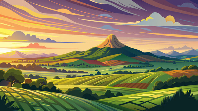 Very beautiful landscape scene featuring Roseberry Topping in North Yorkshire at sunset, with the iconic hill silhouetted against a vibrant sky, rolling green fields in the foreground, and warm golden