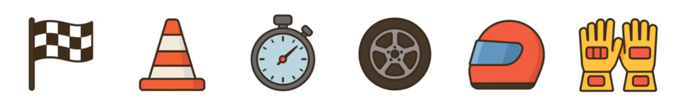 Set of colorful car racing icons including a checkered flag, cone, stopwatch, wheel, helmet, and gloves in a flat cartoon style isolated on a white background