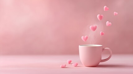 Pink Coffee Cup with Rising Heart Shapes on a Pastel Pink Background