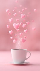 Pink Coffee Cup with Steam and Floating Hearts for Valentine's Day, Pastel Background