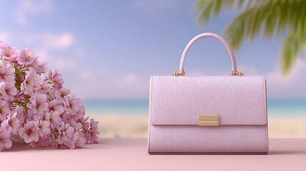 Pink Handbag on Pink Table with Flowers and Beach Background Summer Fashion