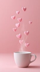 Pink Heart Candies Ascending from a Steaming Coffee Cup on Pink Background